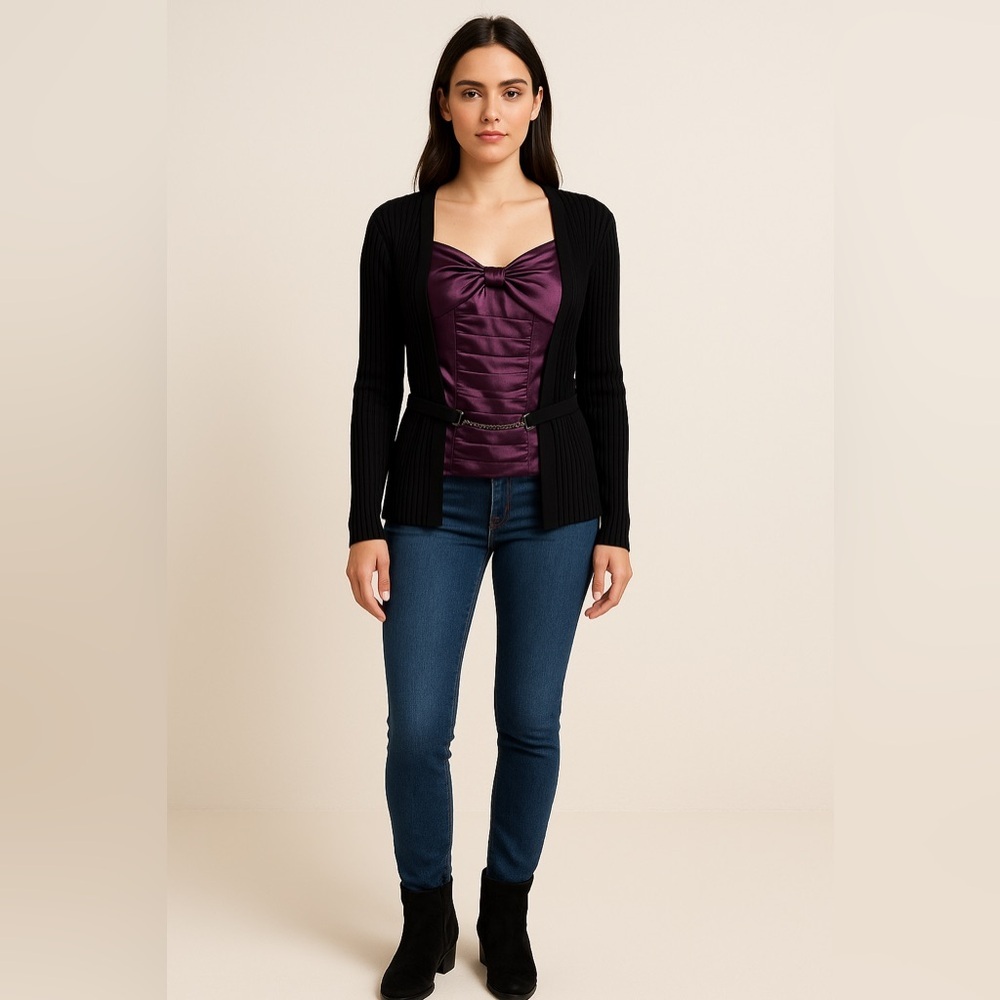 🖤 Ruby Rose Black Ribbed Cardigan w/ Purple Satin Bow Top – Size M